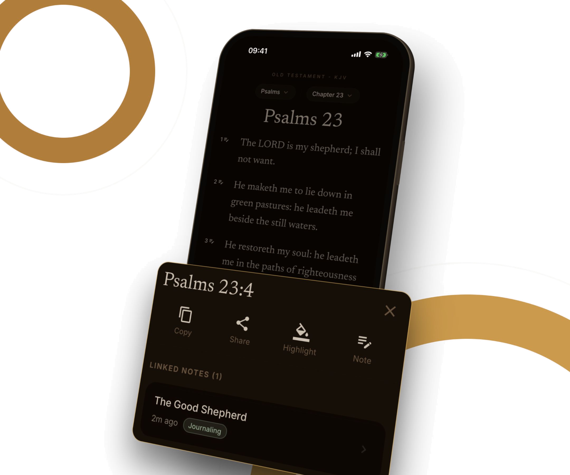 Psalm 23 in the Good Soil Bible reader, with the Psalms 23:4 sheet showing its linked note, The Good Shepherd.