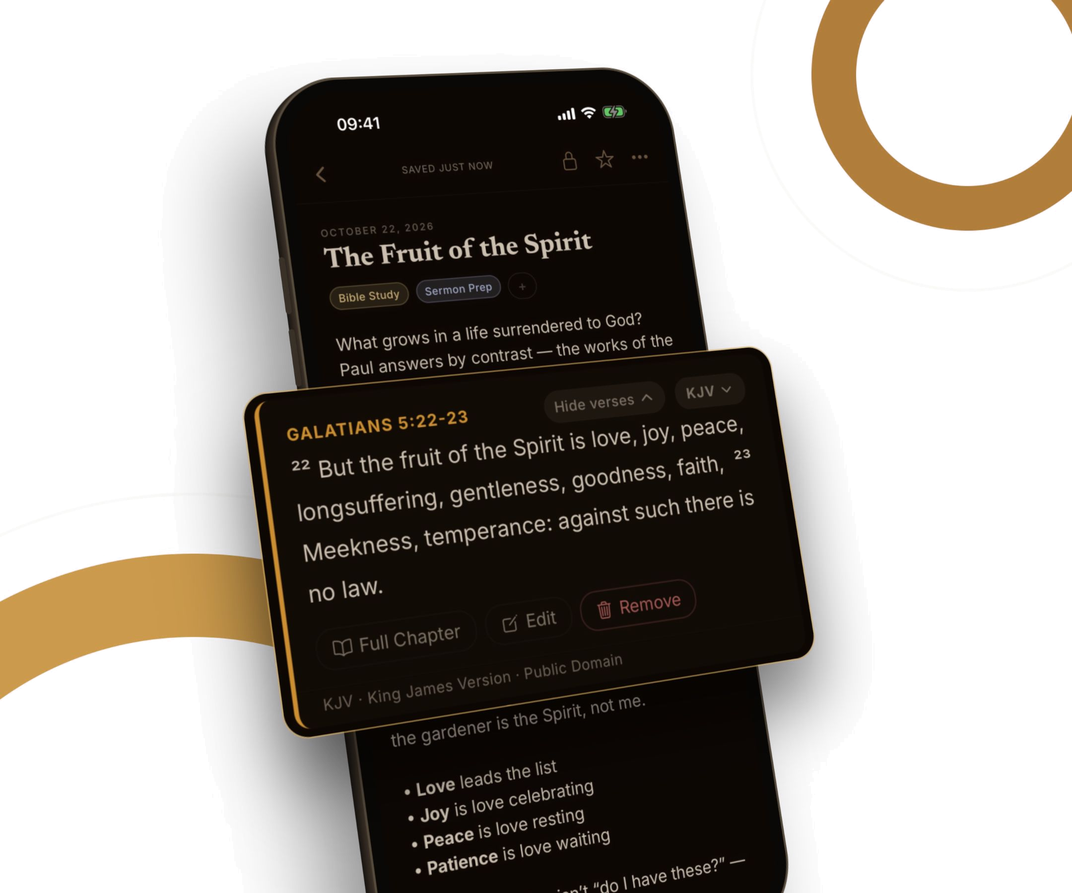 A Good Soil note titled The Fruit of the Spirit, with the Galatians 5:22-23 embed enlarged above it.